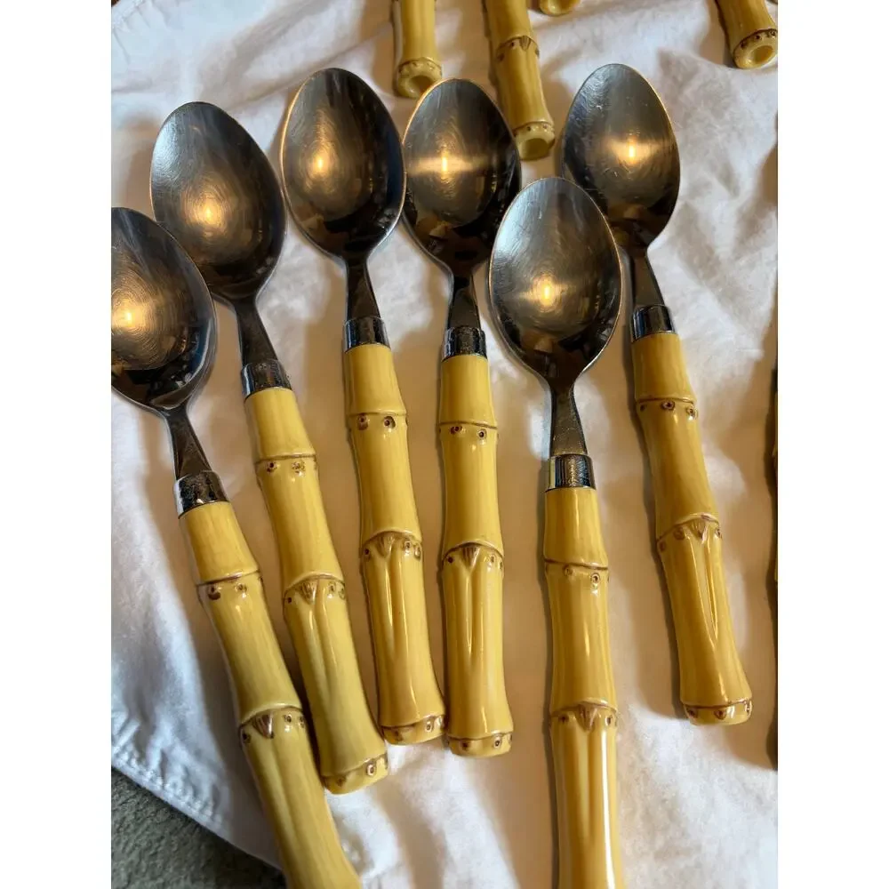 28 Mixed Pc Faux Bamboo Handle Flatware Mixed Lot Yellow Stainless China Tiki